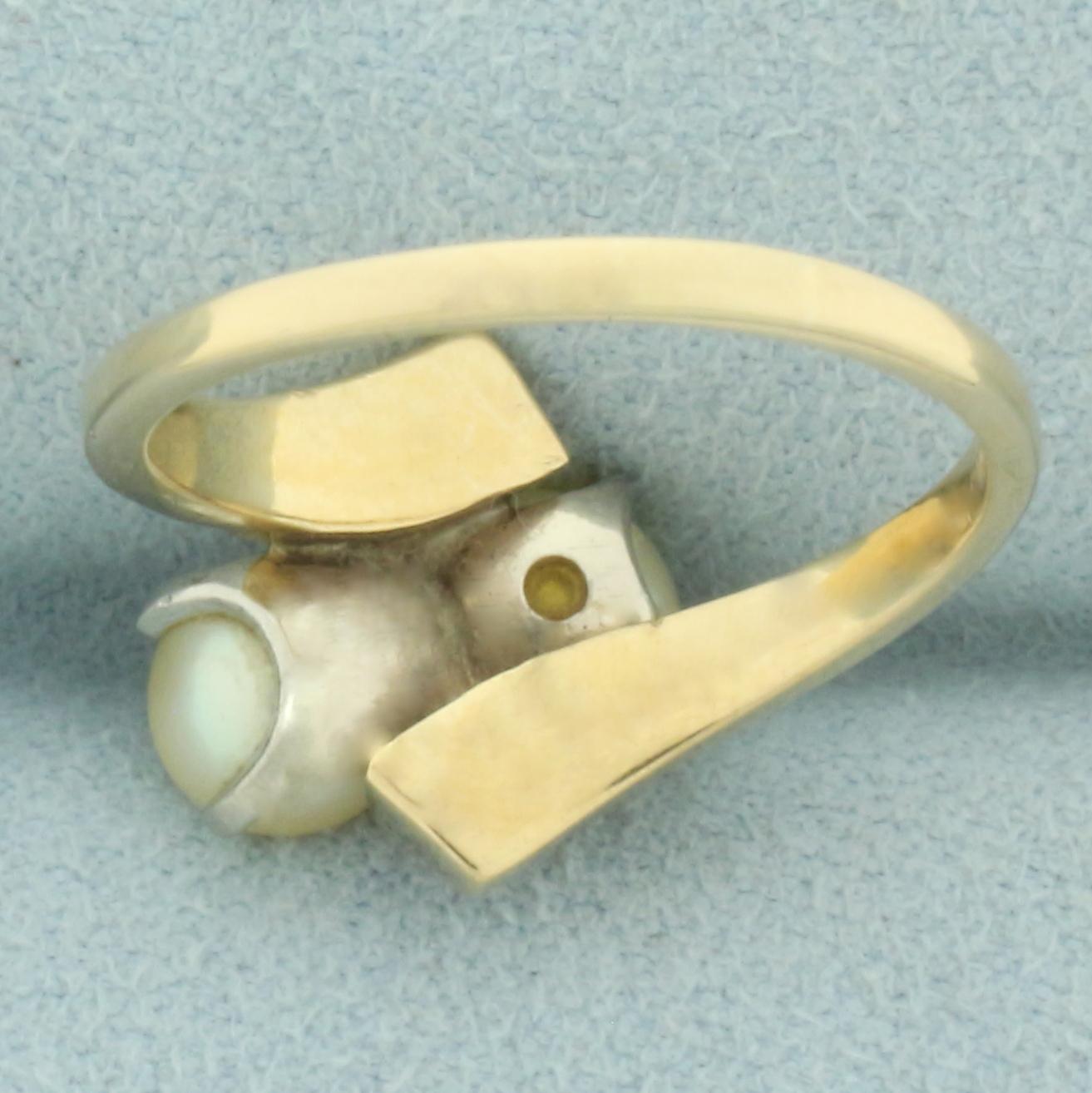 Cultured Akoya Pearl Toi Et Moi Bypass Ring In 14k Yellow Gold