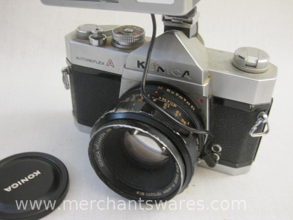 Vintage Konica Autoreflex A 35 mm Camera with Vivitar 135MM 1:2.5 Auto Telephoto Lens and Carrying