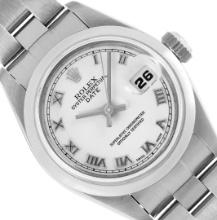 Rolex Ladies Stainless Steel White Roman Date Wristwatch