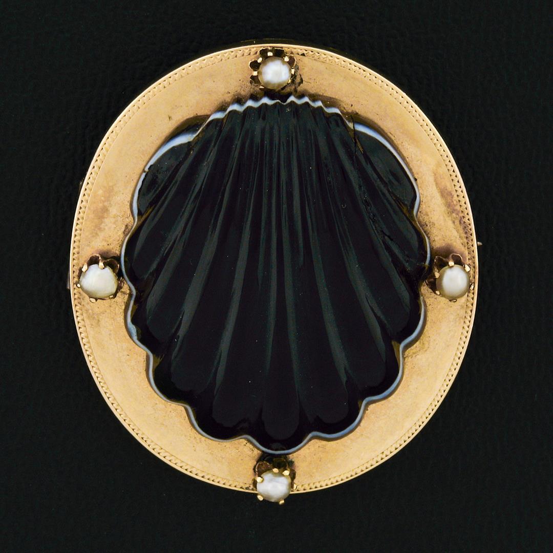 Antique Victorian 18k Gold Banded Black Agate Shell Pearl Mourning Locket Brooch
