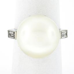 Vintage Platinum GIA 14mm Saltwater White Pearl Solitaire Baguette Diamond Ring
