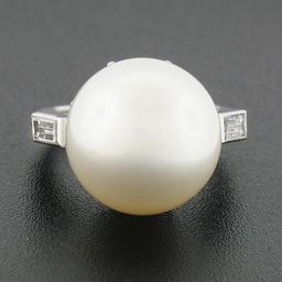 Vintage Platinum GIA 14mm Saltwater White Pearl Solitaire Baguette Diamond Ring