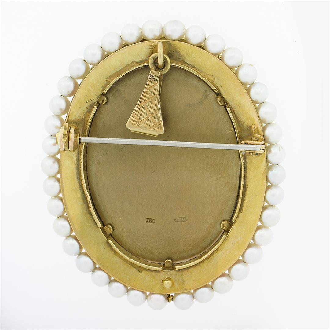 Vintage 18k Gold Oval Painted Portrait Diamond Enamel Pearl Frame Brooch Pendant