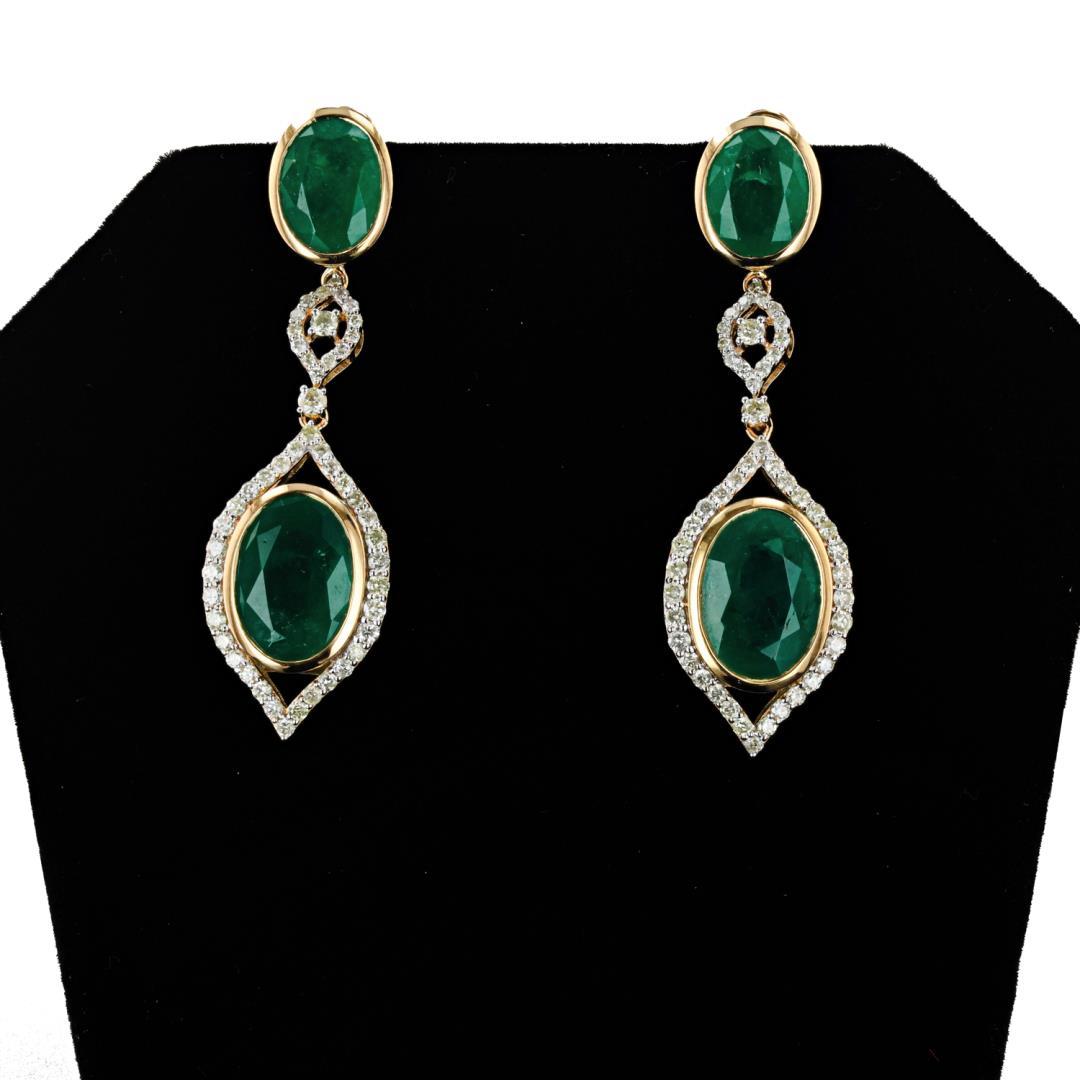 17.44 ctw Emerald and 1.55 ctw Diamond 18K Yellow Gold Dangle Earrings