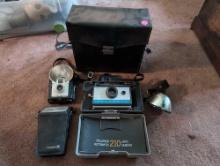 (LR) LOT TO INCLUDE: POLAROID 210 LAND CAMERA WITH CARRYING CASE, WESTINGHOUSE RADIO, BROWNIE