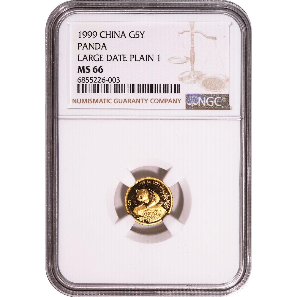 Certified One Twentieth Oz. Chinese Gold Panda 5 Yuan 1999 MS66 NGC