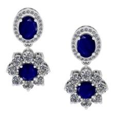 4.32 CtwVS/SI1 Blue Sapphire And Diamond 14K White Gold Dangling Earrings( ALL DIAMOND ARE LAB GROWN