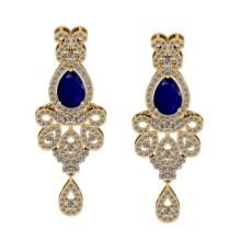 5.65 CtwVS/SI1 Blue Sapphire And Diamond 14K Yellow Gold Dangling Earrings( ALL DIAMOND ARE LAB GROW
