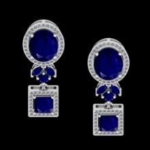 7.44 Ctw VS/SI1 Blue sapphire and Diamond 14K White Gold Dangling Earrings (ALL DIAMOND ARE LAB GROW
