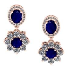 4.32 CtwVS/SI1 Blue Sapphire And Diamond 14K Rose Gold Dangling Earrings( ALL DIAMOND ARE LAB GROWN