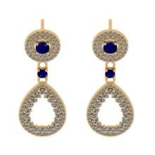 1.71 Ctw VS/SI1 blue Sapphire and Diamond 14K Yellow Gold Dangling Earrings (ALL DIAMOND ARE LAB GRO