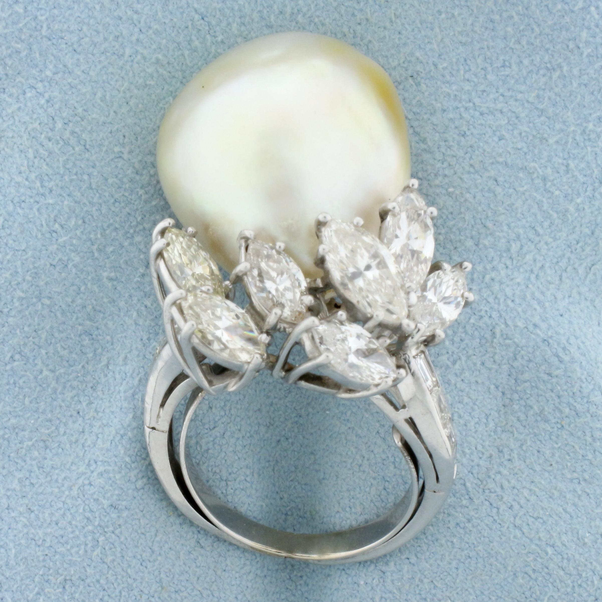 Custom Designed Baroque Pearl And Diamond Statement Ring In Platinum
