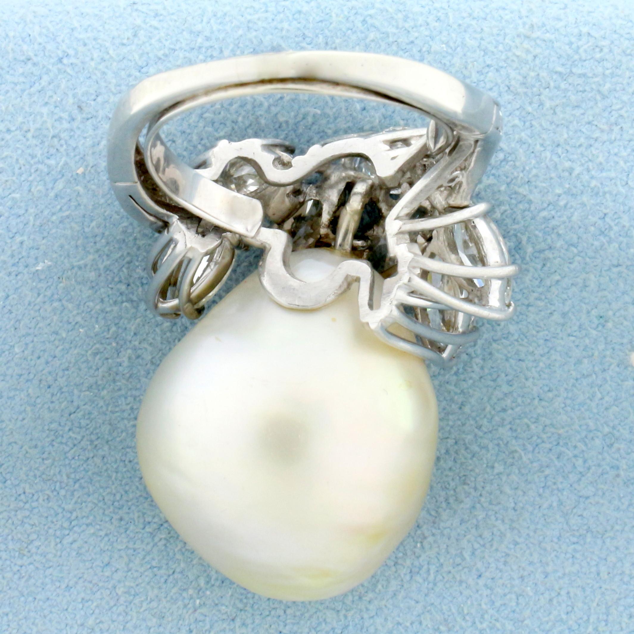 Custom Designed Baroque Pearl And Diamond Statement Ring In Platinum