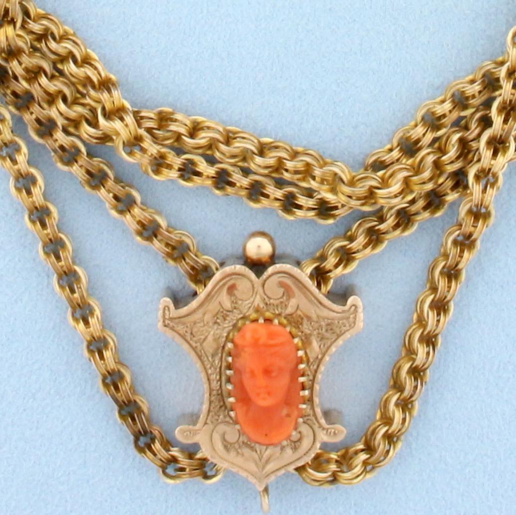 Antique Double Cable Link Necklace With Pink Coral Cameo Pendant In 12k Yellow Gold