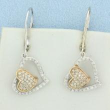 Pave Diamond Heart Dangle Earrings In 14k White And Rose Gold