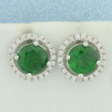 Green Chrome Diopside And White Zircon Halo Earrings In Sterling Silver
