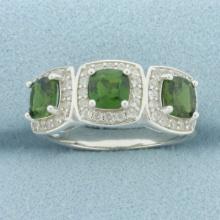 Russian Chrome Diopside And White Zircon Halo Ring In Sterling Silver