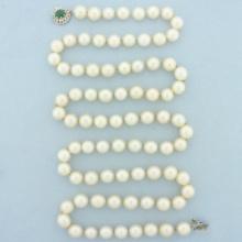 Vintage Emerald And Diamond 32 Inch Cultured Akoya Pearl Strand Necklace In 14k White Gold