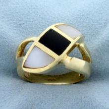 Mother Of Pearl And Onyx Ring In 14k Yellow Gold