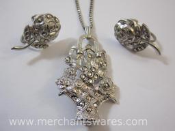 Sterling Silver Necklace and Earrings Set, Flower Earrings with Basket of Flowers Pendant/Pin and
