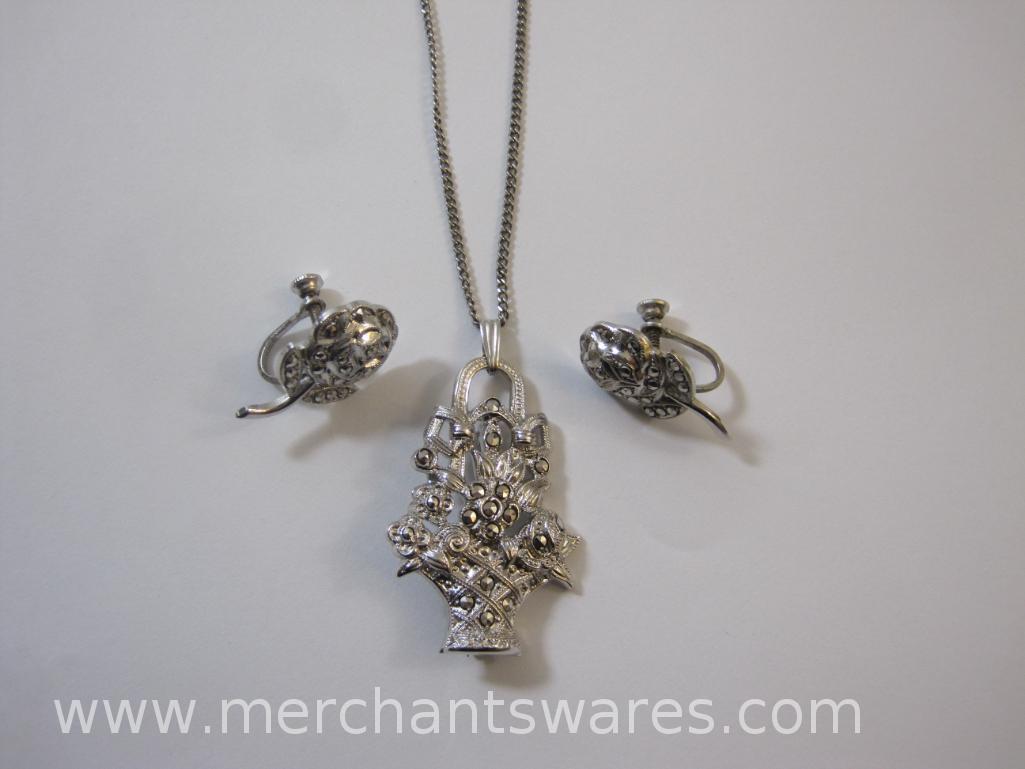Sterling Silver Necklace and Earrings Set, Flower Earrings with Basket of Flowers Pendant/Pin and