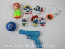 Assortment of Toys includes 1970's Schleich Smurfs, Duncan Imperial Yoyo, no string, Marx Toy Pistol