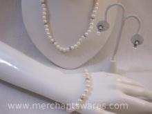 Pearl Necklace, Bracelet and Earring Set with Sterling Silver Clasps, 3 oz