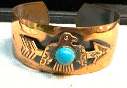 Native Made Bracelet Copper Tone with Thunderbird and Arrow Turquoise color center stone