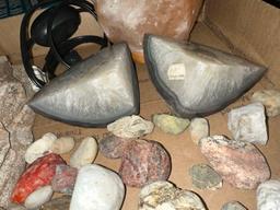 Collectible Rocks, Geos, Salt Lamp and Book