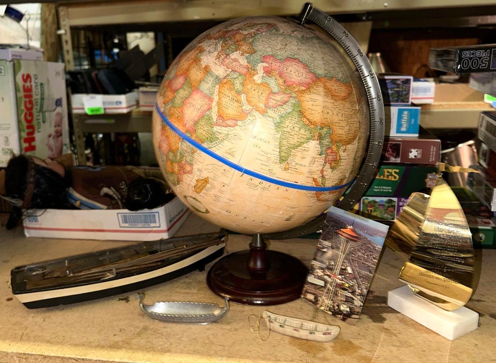 Assorted Collectibles- Globe, Old Space needle Postcard, Boats etc
