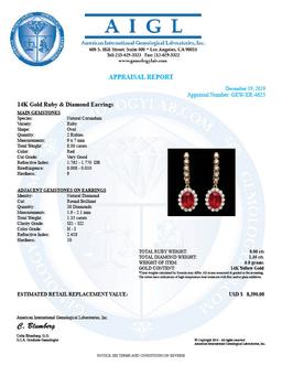 14k Gold 8.00ct Ruby 1.35ct Diamond Earrings
