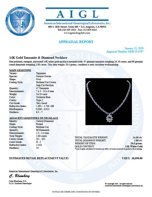 14k Gold 34.5ct Tanzanite 2.80ct Diamond Necklace