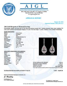 14K Gold 9.40ct Morganite & 1.65ct Diamond Earrings