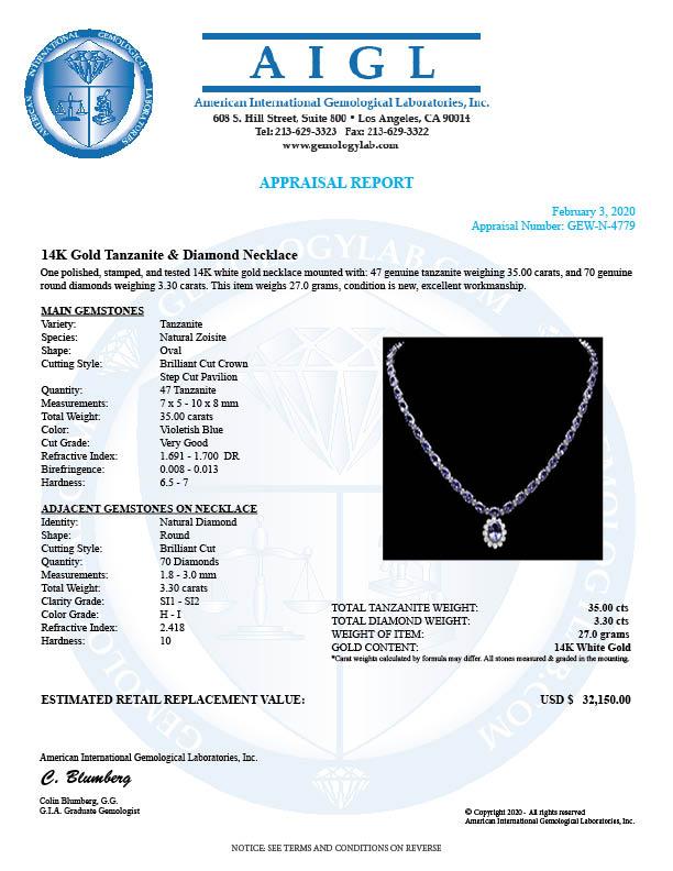 14k Gold 35ct Tanzanite 3.30ct Diamond Necklace