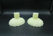Pair of Fenton Custard Satin Water Lily Candle Holders