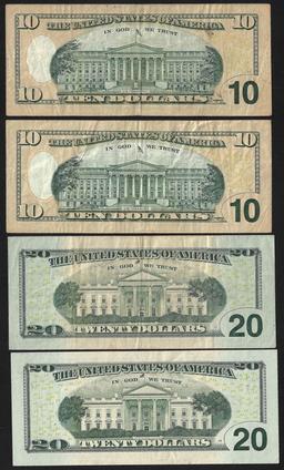 Lot of (4) 2006/2009 $10 & $20 Federal Reserve Note Fancy Trinary Serial Numbers