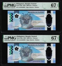 (2) Consecutive 2022 Philippines 1000 Piso Notes PMG Superb Gem Uncirculated 67EPQ