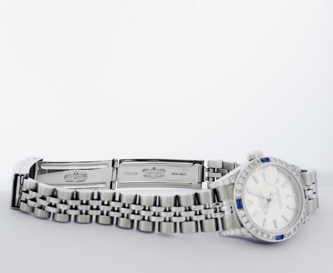 Rolex Ladies Stainless Steel Sapphire and Diamond Datejust Wristwatch
