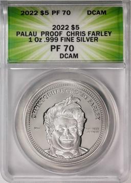 2022 $5 Palau Proof Chris Farley Silver Coin ANACS PF70DCAM