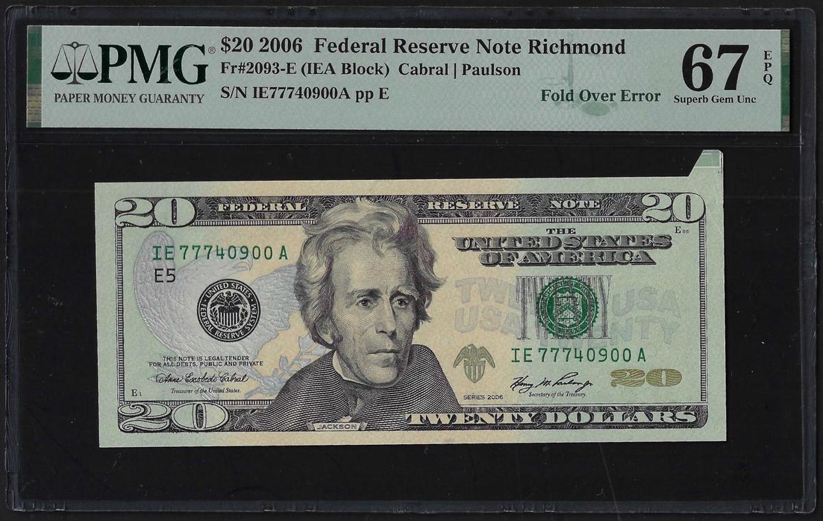 2006 $20 Federal Reserve Fold Over Error Note Fr.2090-E PMG Superb Gem Unc 67EPQ