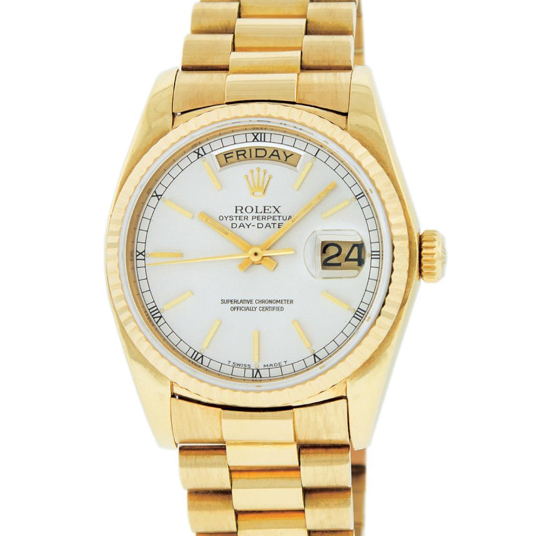 Rolex Men's 18K Yellow Gold Silver Index Day Date President Wristwatch