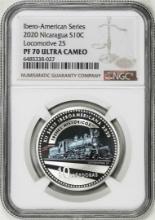 2020 Nicaragua 10 Cordobas Locomotive 25 Trains Silver Coin NGC PF70 Ultra Cameo