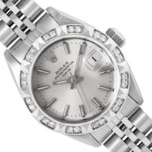 Rolex Ladies Stainless Steel Silver Index Diamond Date Wristwatch