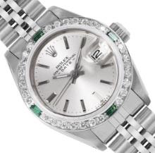 Rolex Ladies Stainless Steel Silver Index Emerald and Diamond Date Wristwatch