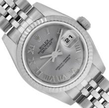 Rolex Ladies Stainless Steel Silver Roman Datejust Wristwatch With Rolex Box