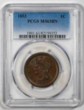 1853 Braided Hair Cent Coin PCGS MS63BN
