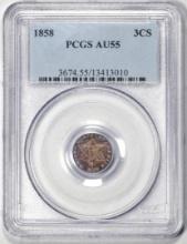 1858 Three Cent Silver Coin PCGS AU55 Nice Toning