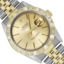 Rolex Mens Two Tone Champagne Index Diamond Datejust Wristwatch With Rolex Box