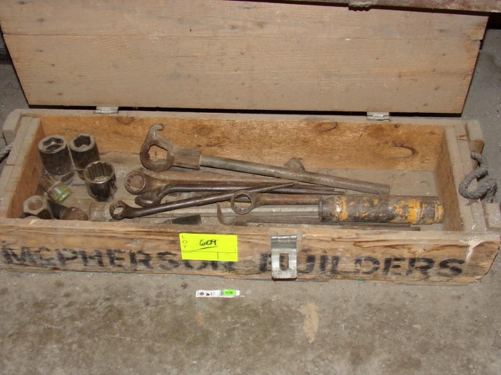 Wood Box With Group of Spud Wrenches, Sockets and Wrenches (Shop)