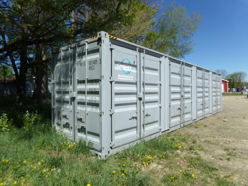 New 40' Light Gray Storage Container with (4) Side Access Doors, Barn Door